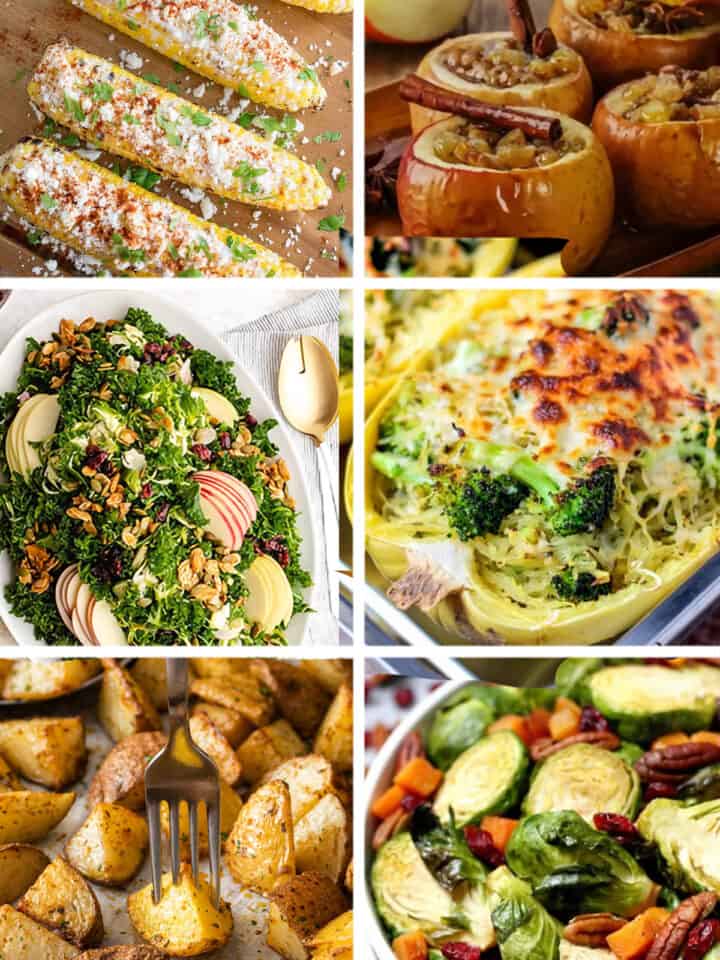 Collage of Thanksgiving & fall vegetable side dish recipes including corn, stuffing, baked apples, and Brussel sprouts.