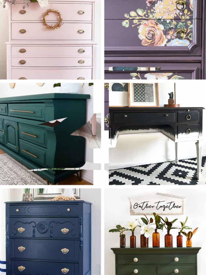 Collage of colorful painted furniture makeovers including a navy-blue tallboy, a purple dresser and petal pink dresser.