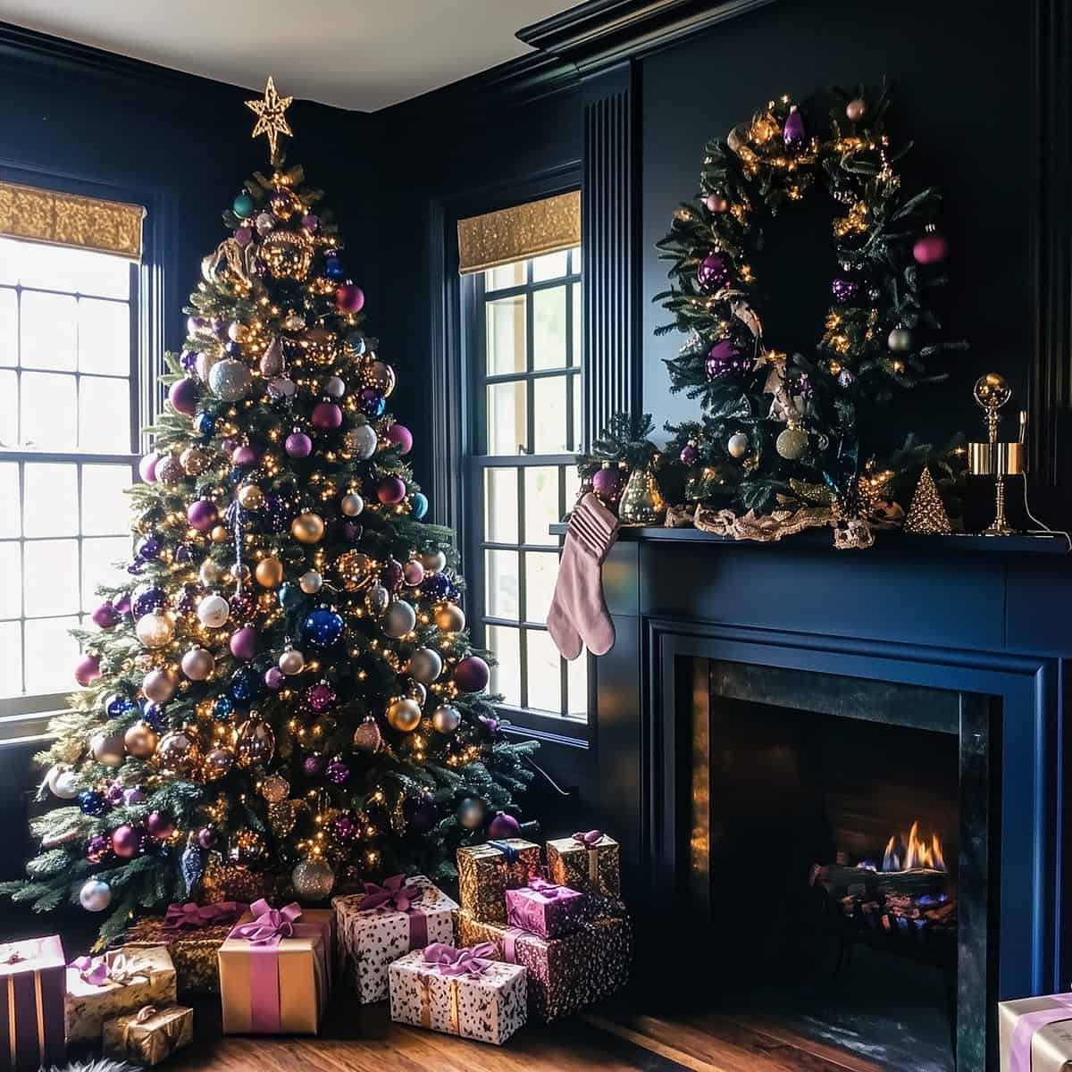 Jewel toned Christmas tree in a dark blue room with purple, gold, and blue decorations and presents under the tree.