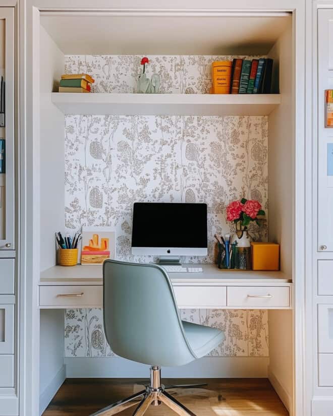 Children's desk in a closet with a blue chair.