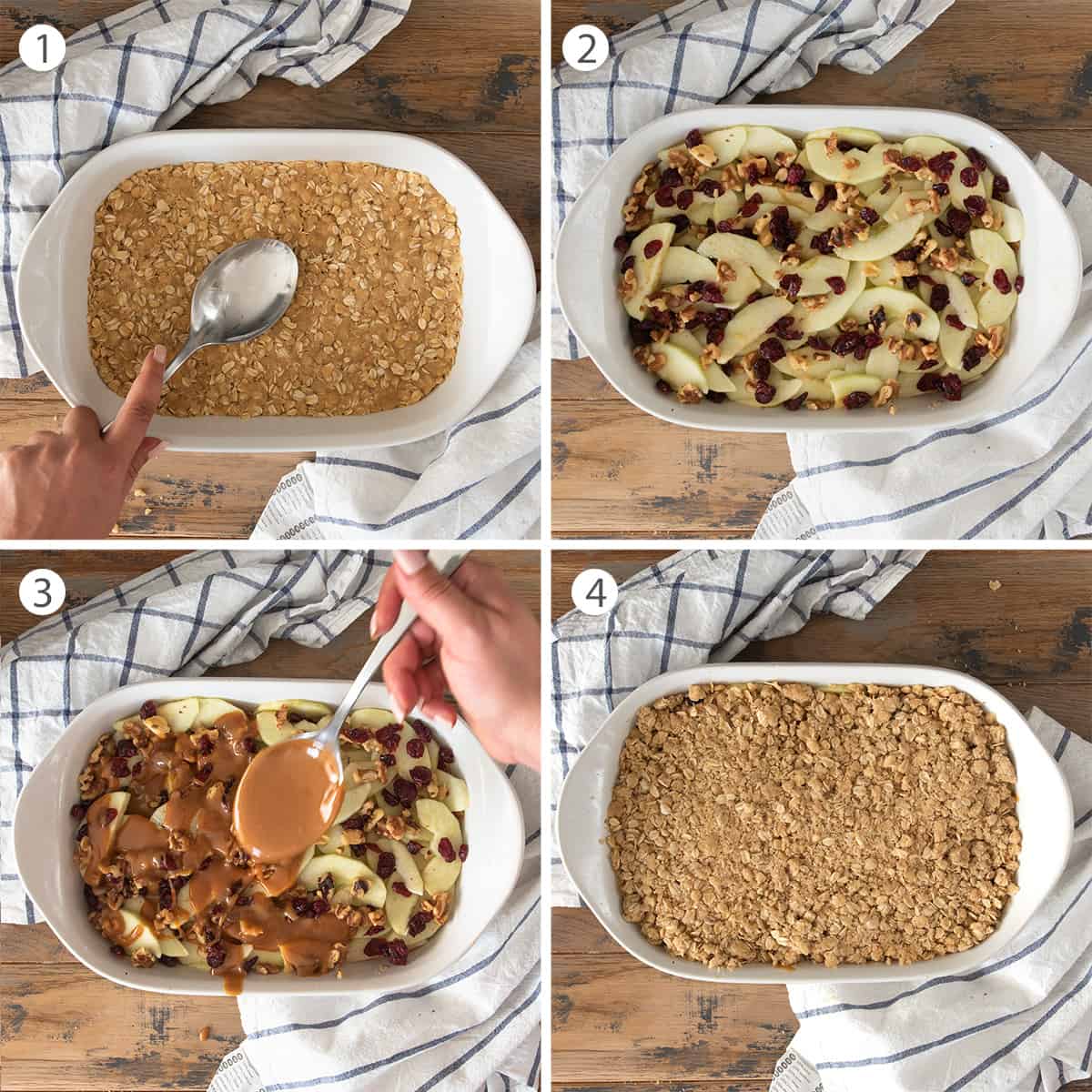 Steps to layering apple crumb bars in a baking dish.