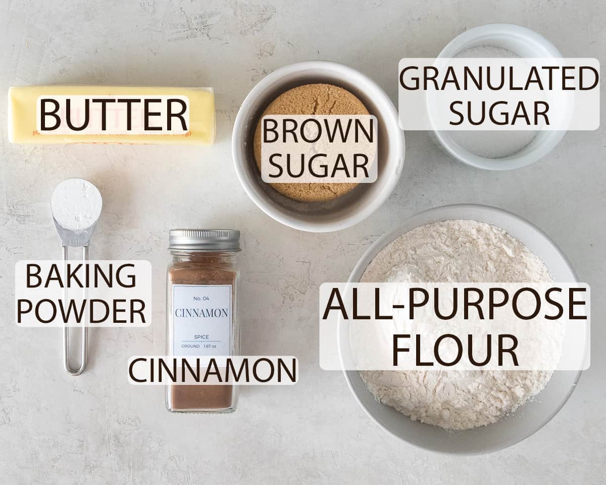 Ingredients for streusel crumb topping laid out on a table with text labels.