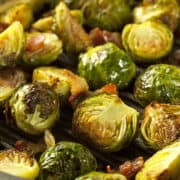 Pan roasted bacon Brussel sprouts in a pan.