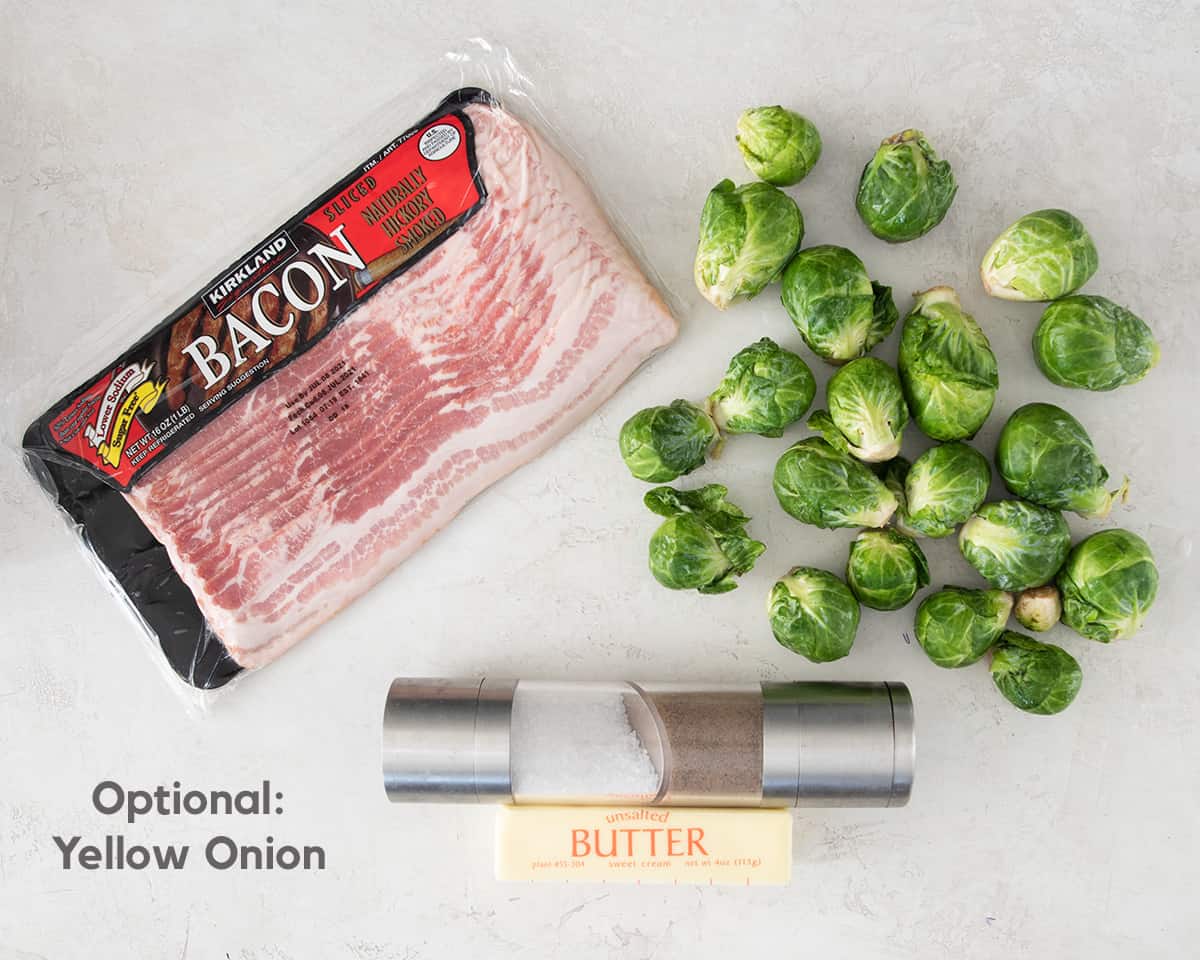 Bacon Brussel Sprouts Skillet Ingredients with text labels.