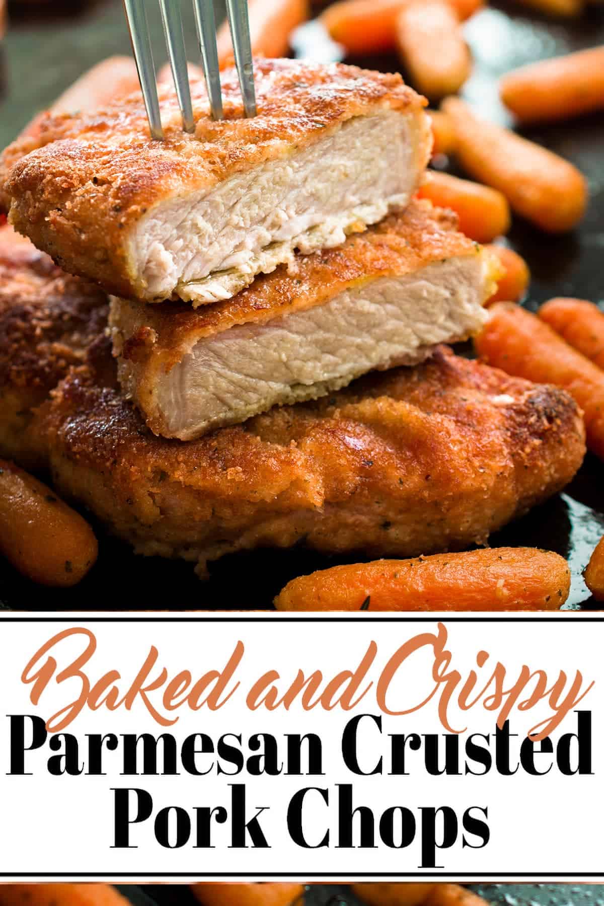 Breaded baked pork chops with baby carrots. Top piece sliced in half with fork piercing through it. Post title.