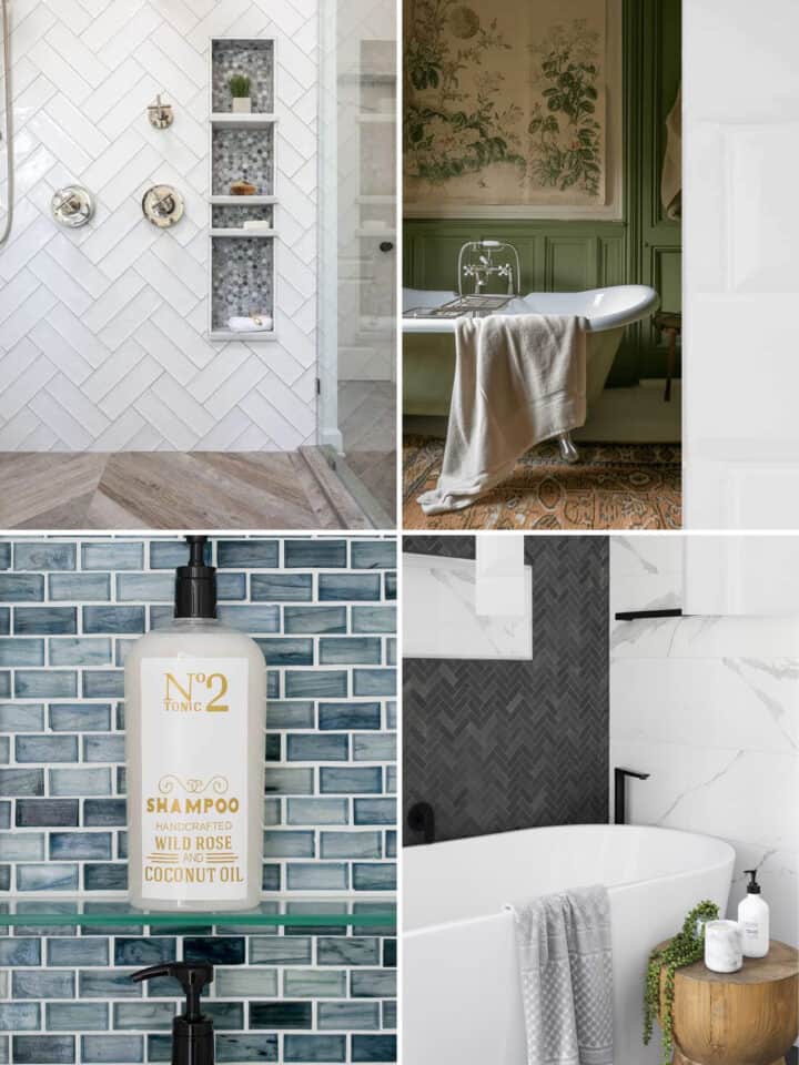 Collage of bathrooms, niches, and styling options for bathrooms.