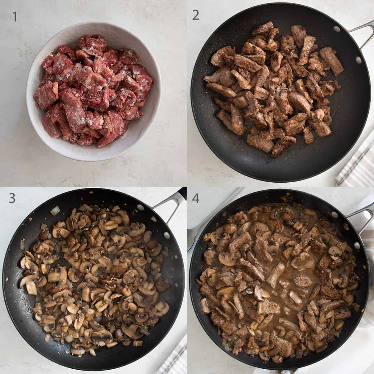 Collage of steps to making gravy for Beef Stroganoff.