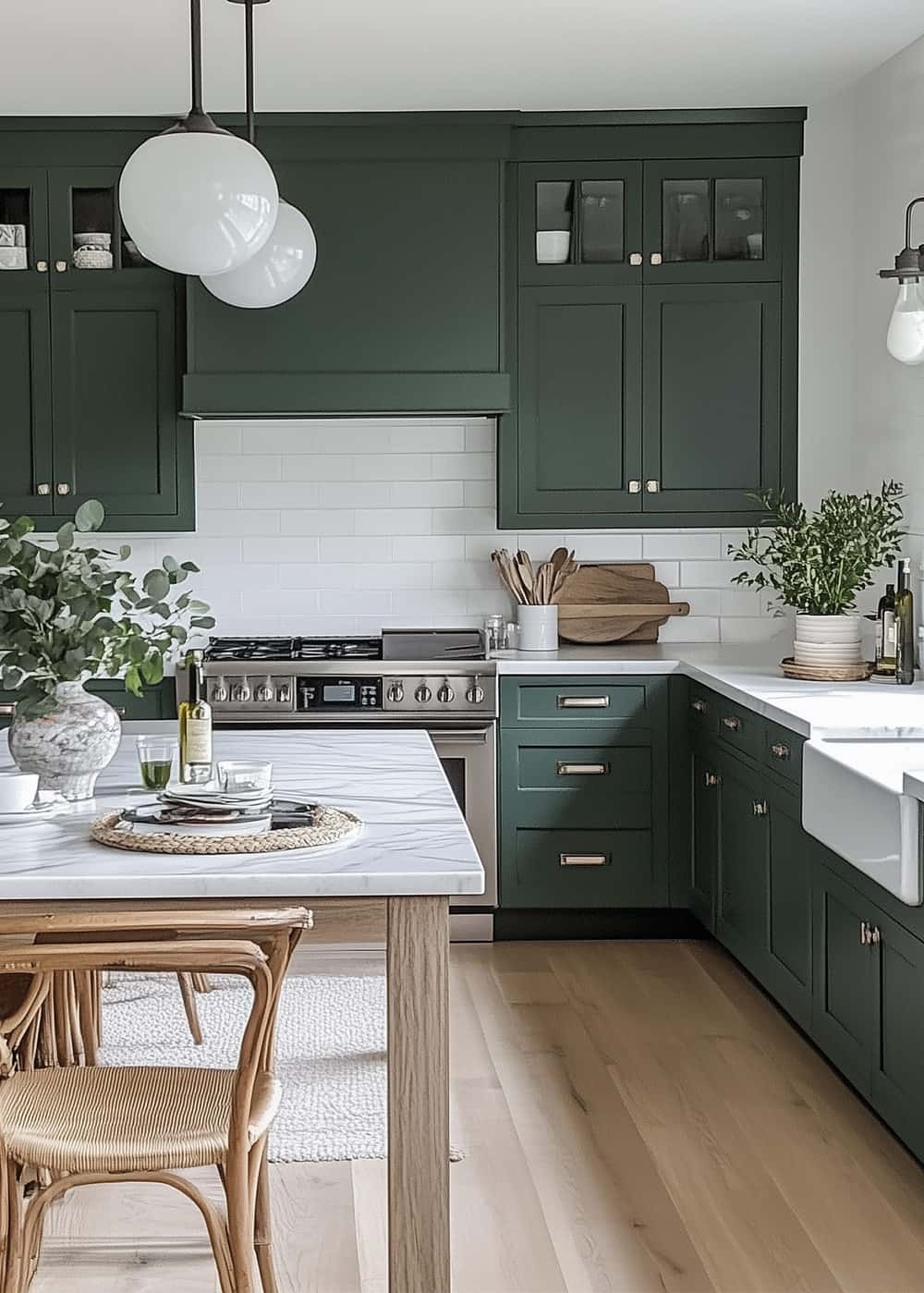 Darker sage green traditional kitchen with wood island and black fix pendant lights.