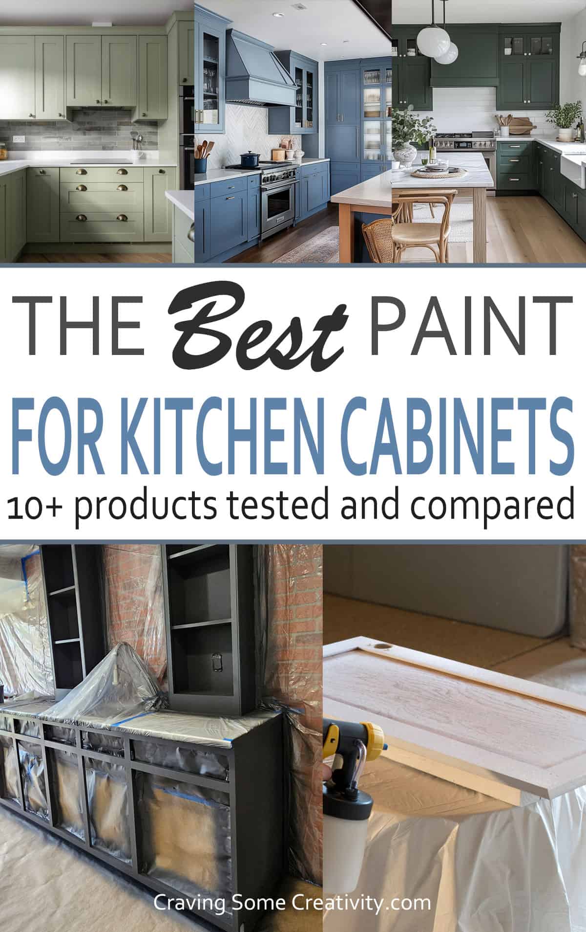 A collage of kitchens with painted cabinets and photos showing cabinets being painted.