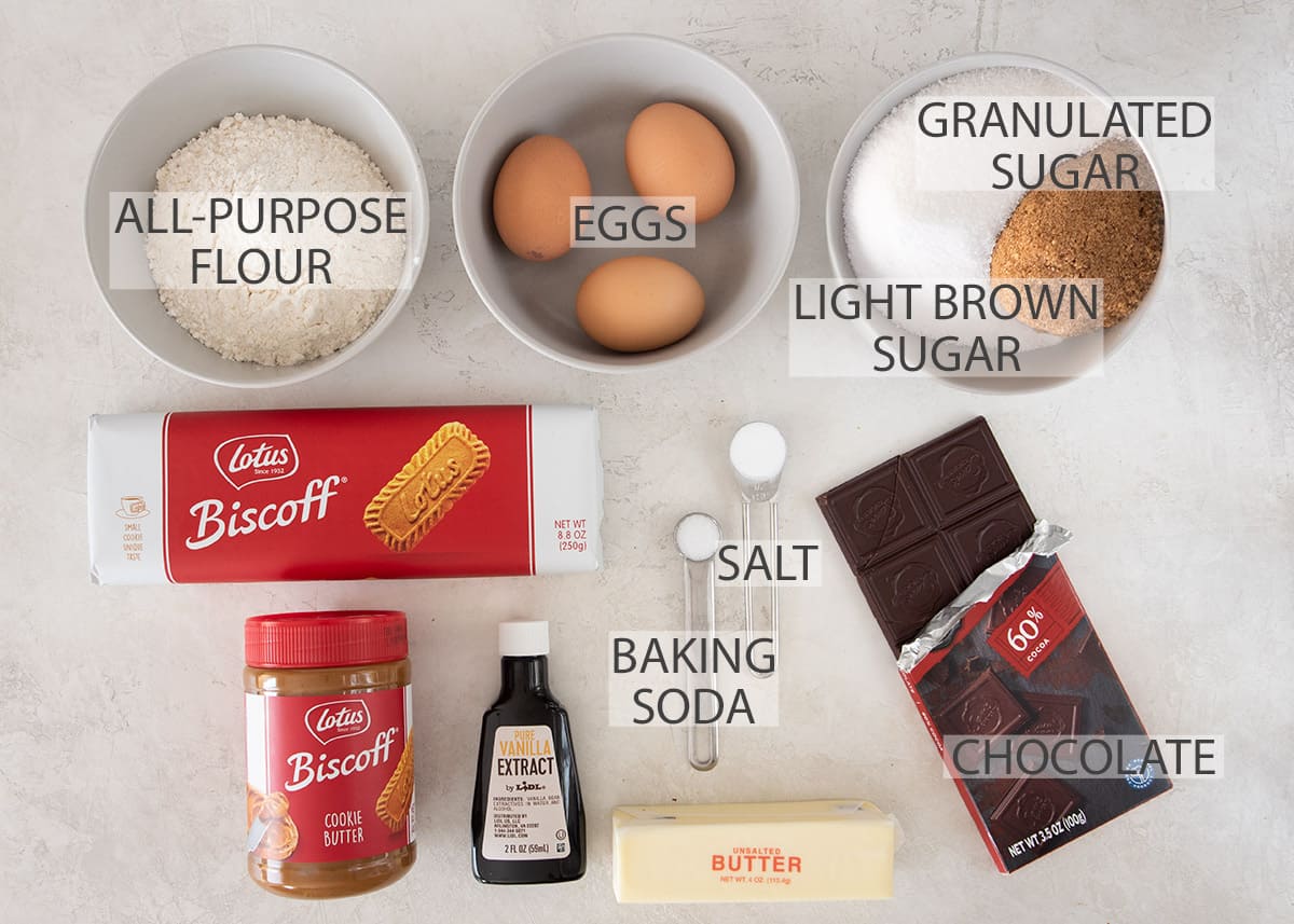 Biscoff Brownie recipe ingredients with text labels.