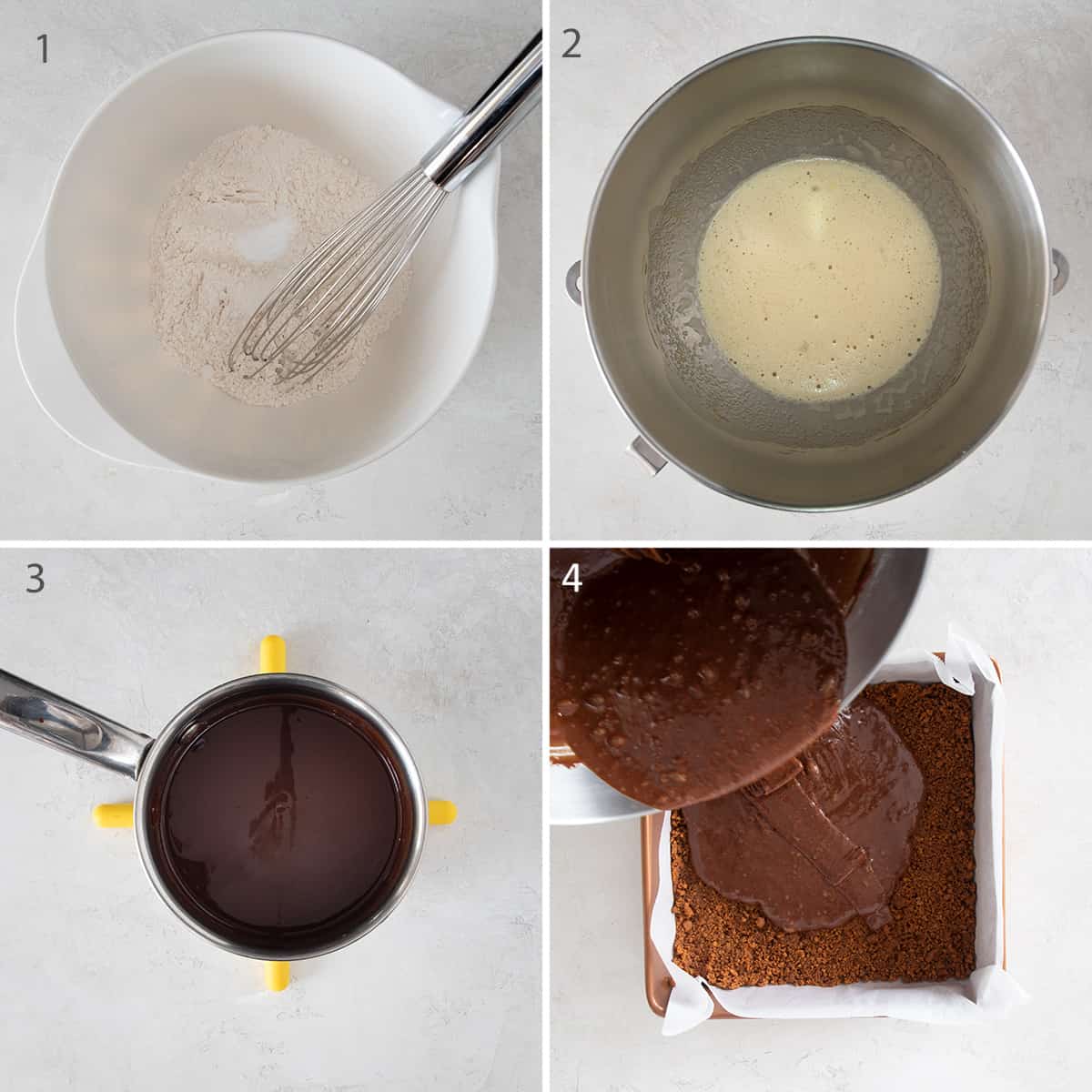 Collage of steps to make a brownie batter including making the dry ingredients, egg mixture, and melting the chocolate.