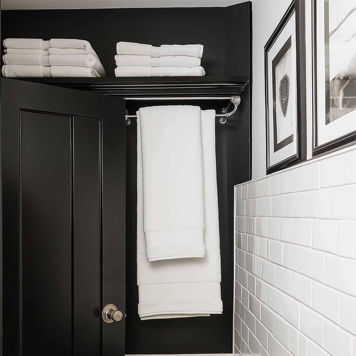 Black and white bathroom with shelf over the door.