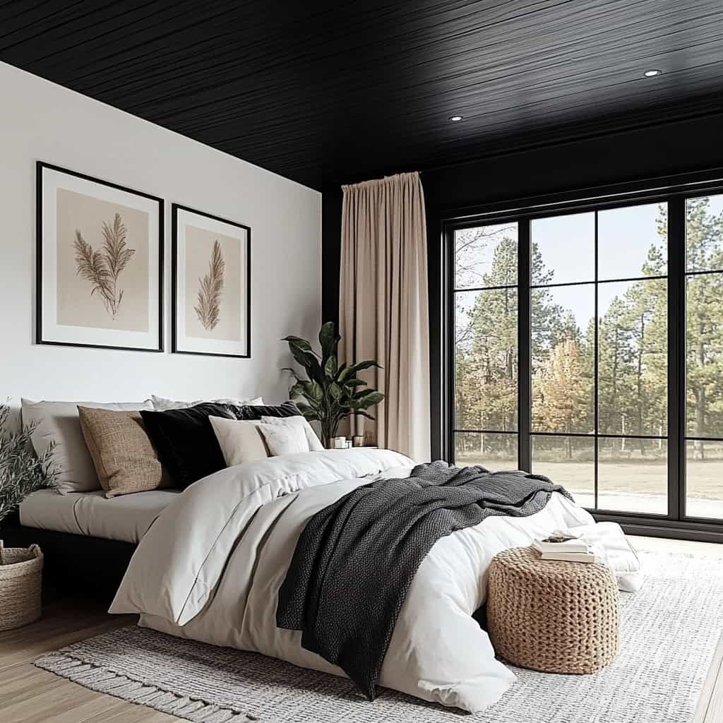Modern neutral Scandinavian style bedroom with black ceiling.