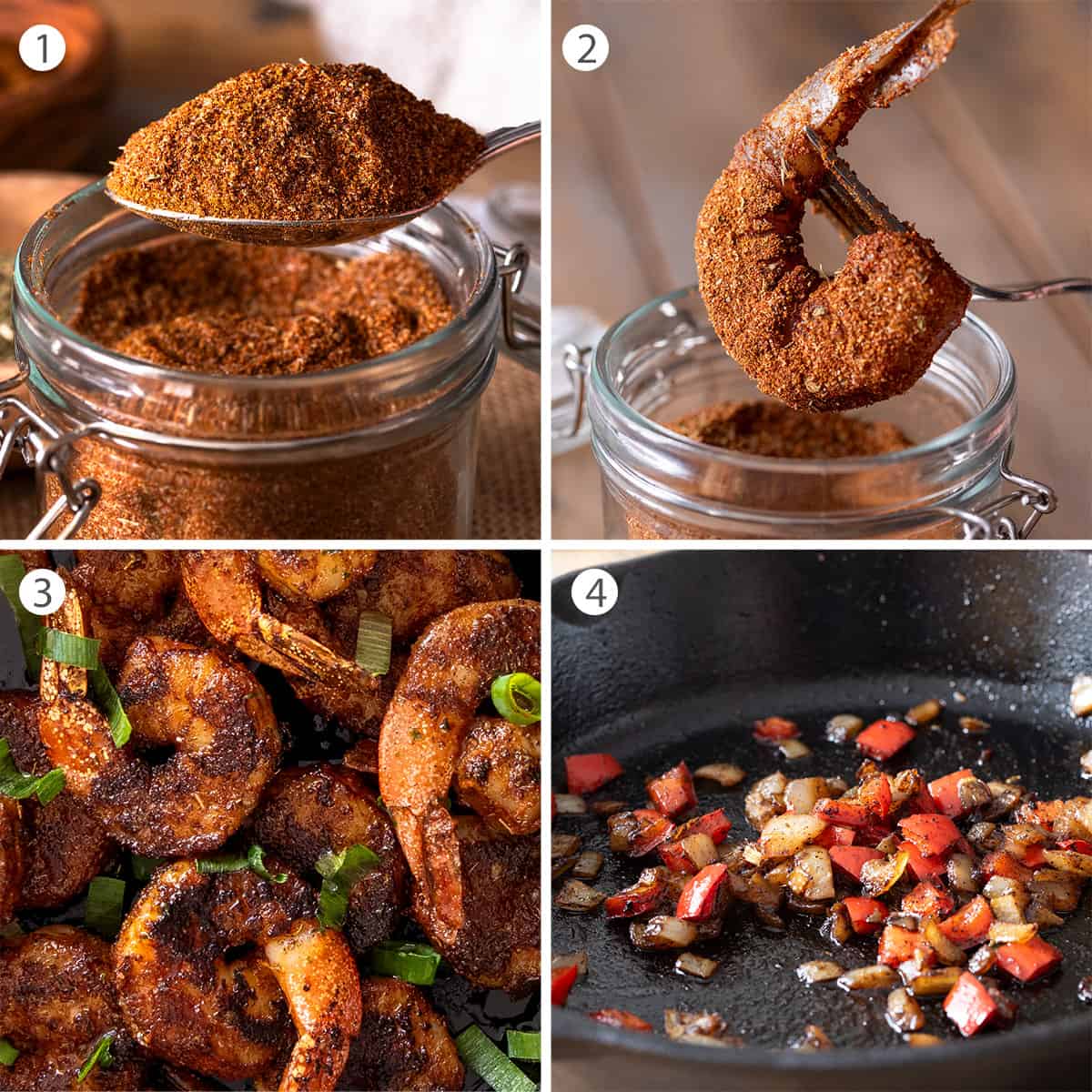 Collage of steps to make Cajun shrimp and vegetables in a cast iron skillet.