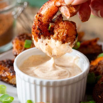 Cajun blackened shrimp dipped in remoulade sauce.