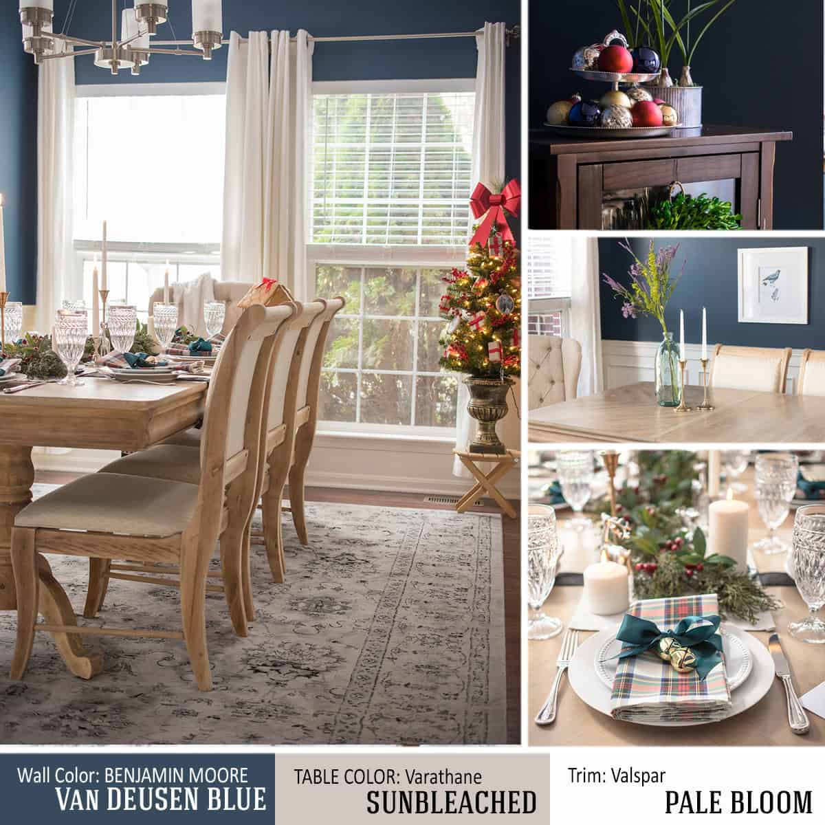 Dark Blue Dining Room with white trim and light-colored wood table in a traditional style.