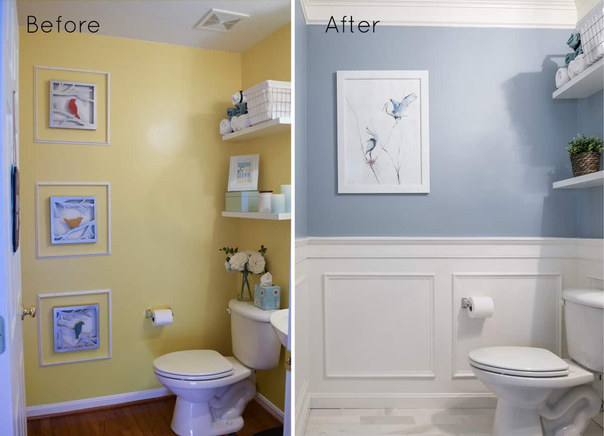 Before and after small powder room makeover with light blue wall color, white wainscoting and trim, simple artwork and fresh touches.
