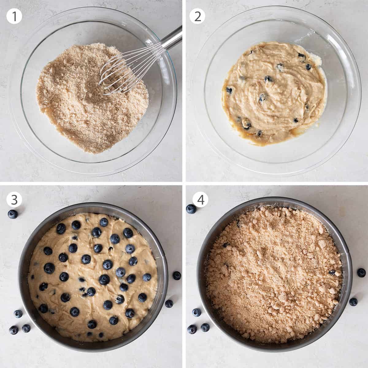 Collage of steps to make a blueberry sour cream coffee cake in a springform pan including dry ingredients, wet batter, and layering in crumb topping.
