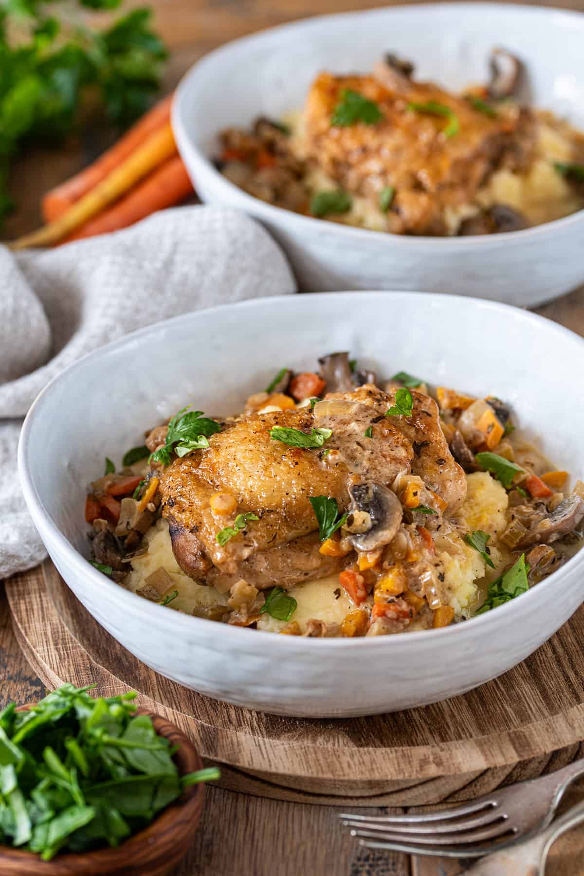 Wine braised chicken fricassee in a bowl over mashed potatoes with gravy and vegetables spooned over.