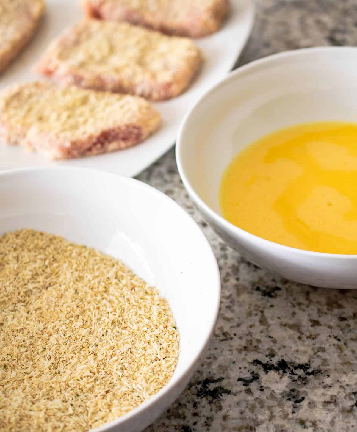 Layout for how to bread meat with egg wash for oven fried method.