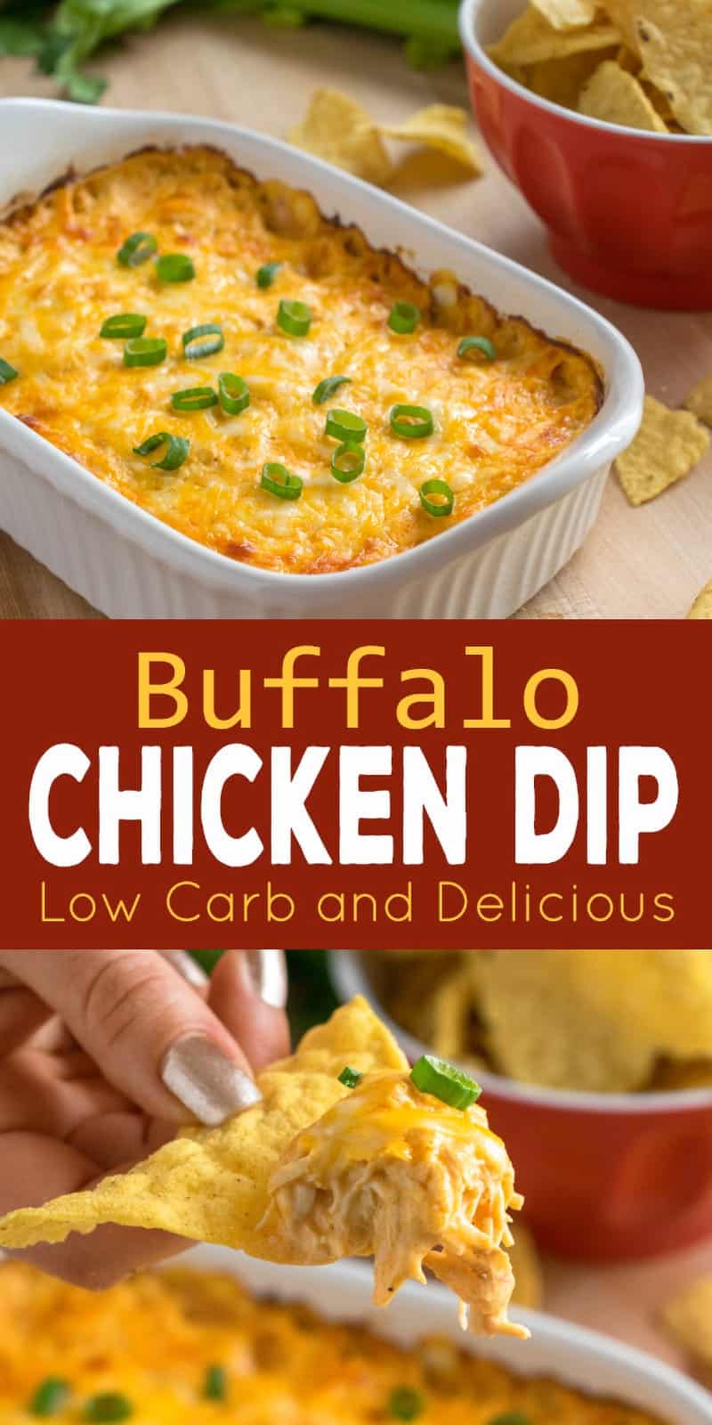 Creamy hot buffalo chicken dip baked with melty cheese, garnished with chives, served with tortilla chips