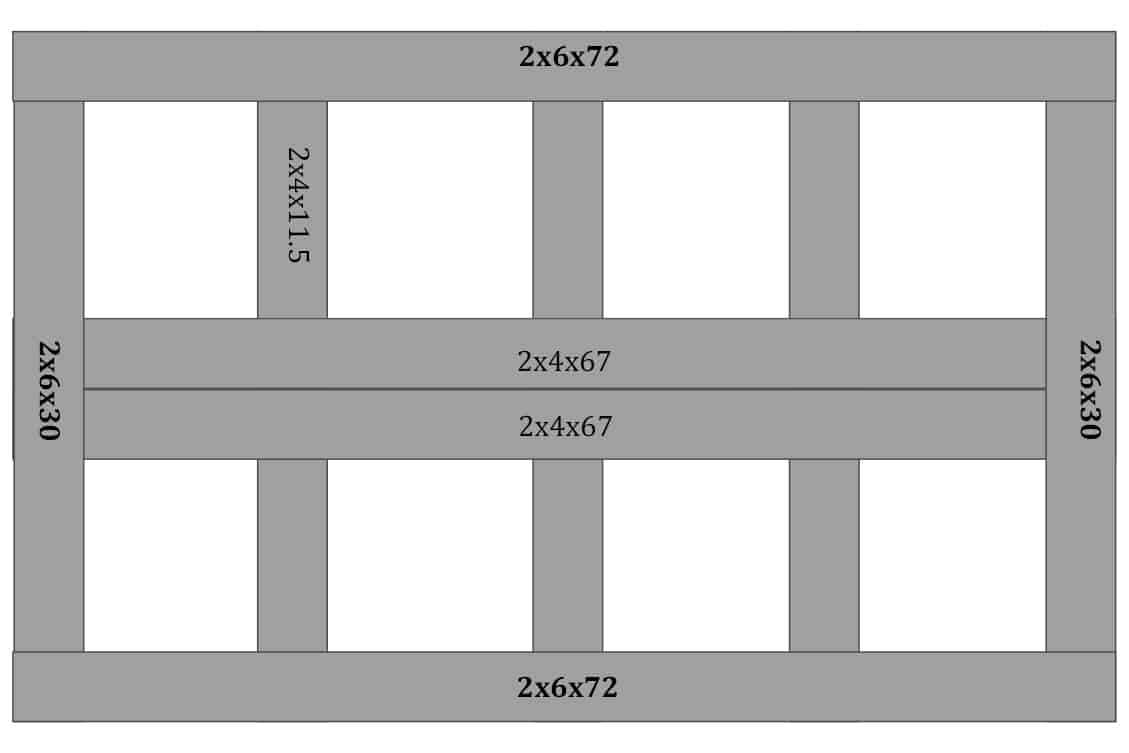 Diagram with measurements of building a patio table top frame.