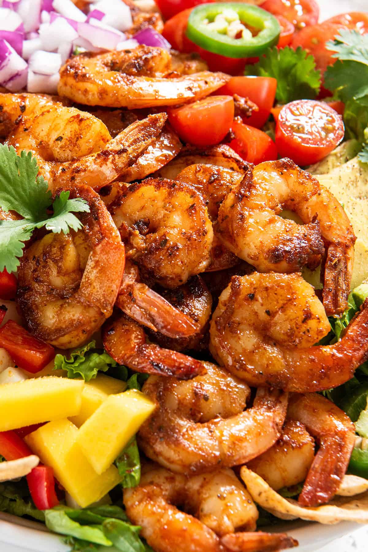 Close up of spiced shrimp atop of Mango Shrimp Salad.