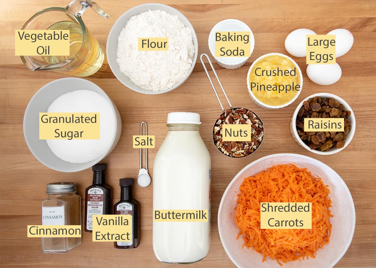 Carrot Cake Ingredients with text labels.