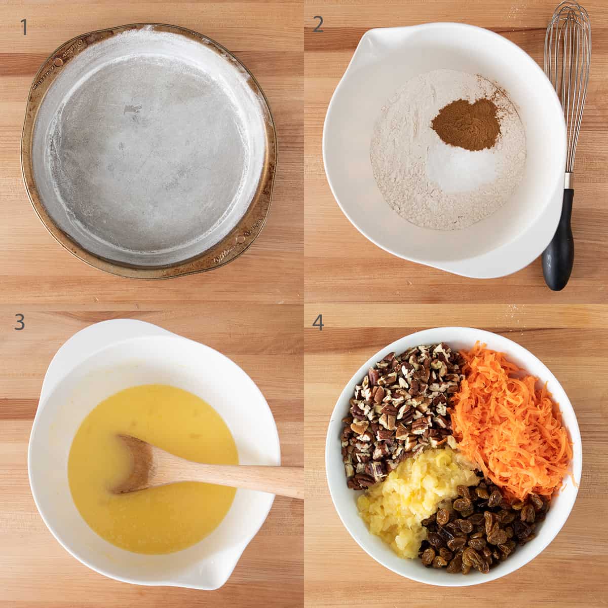 Step by step instructions including flouring a pan and mixing ingredients.