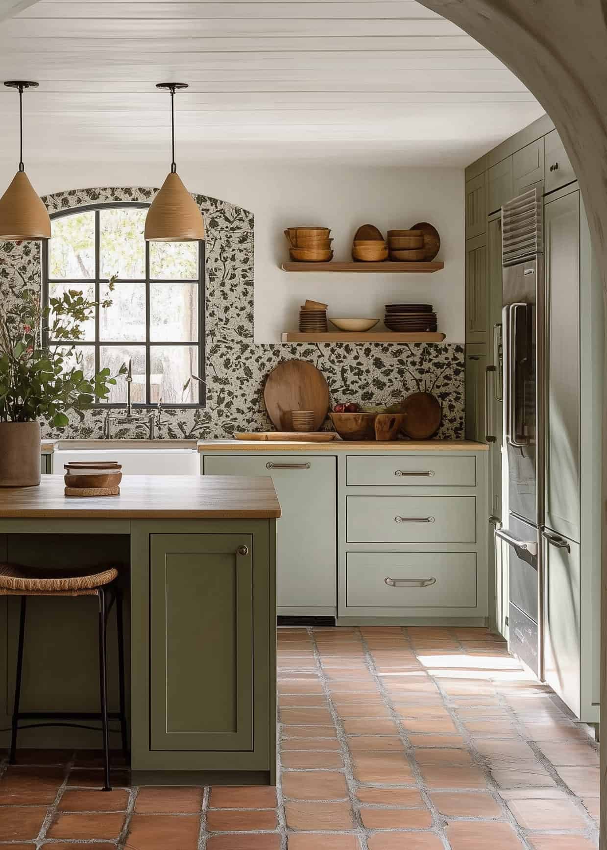 Benjamin Moore oil cloth painted cabinets with wood countertops in the kitchen and island.