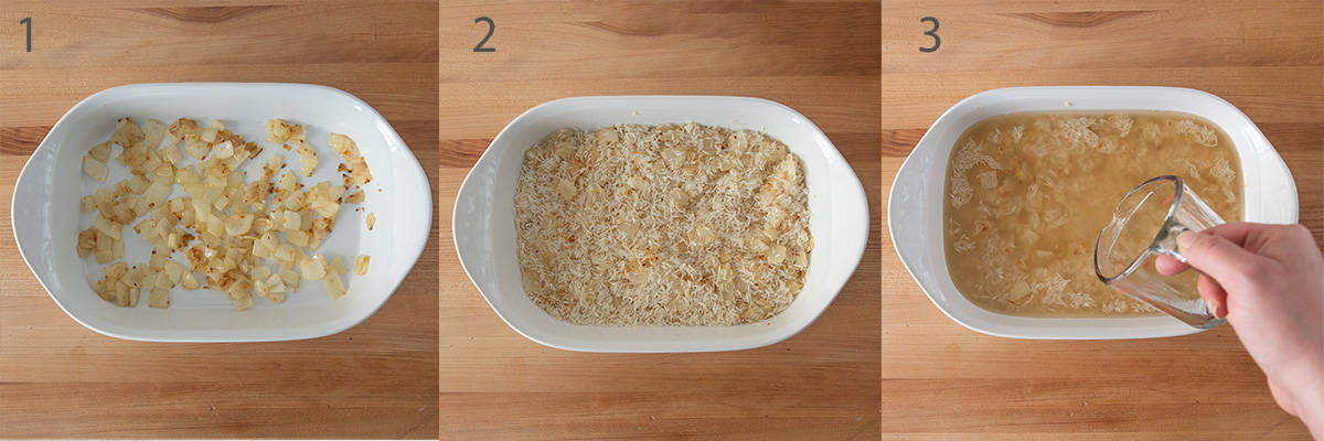 Chicken and Rice Casserole steps 1-3 showing how to make rice in the oven.