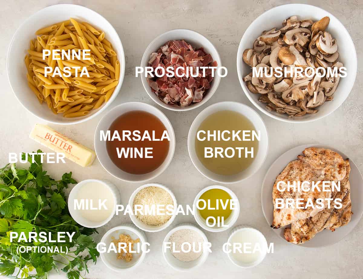 Ingredients for chicken marsala laid out on a table with text labels.