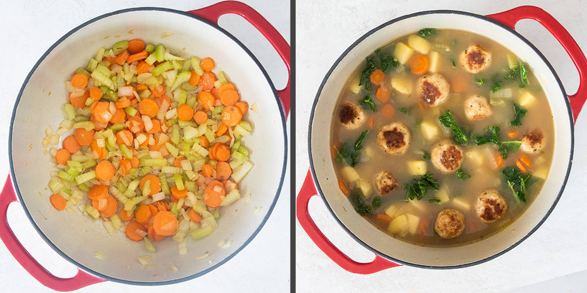Steps to making a soup base including mirepoix and after the broth is added.