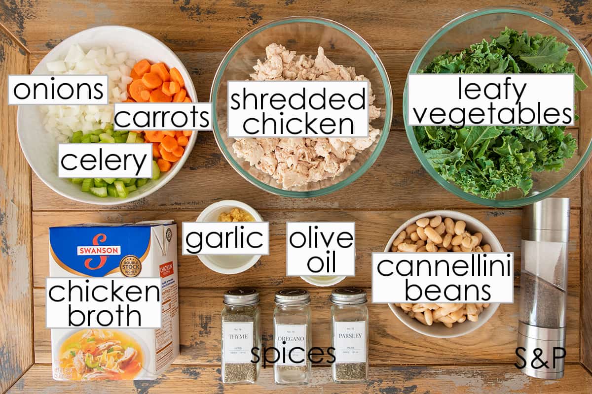 Ingredients for Chicken White bean soup with text labels.