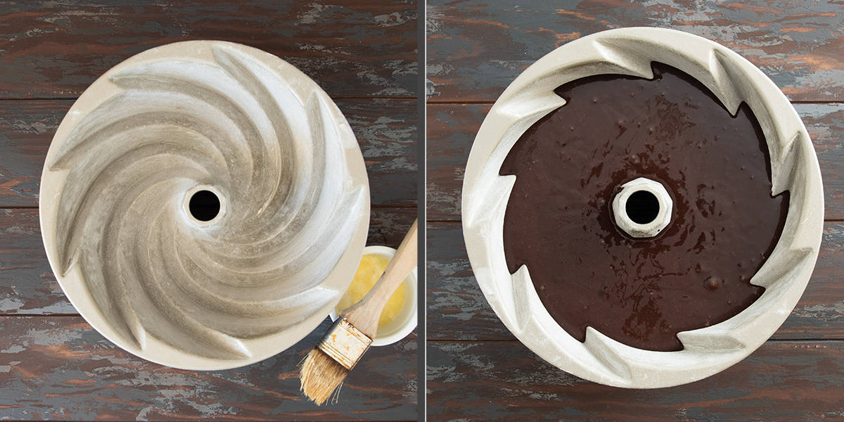 Steps to making a chocolate cake including flouring the pan and adding the batter.