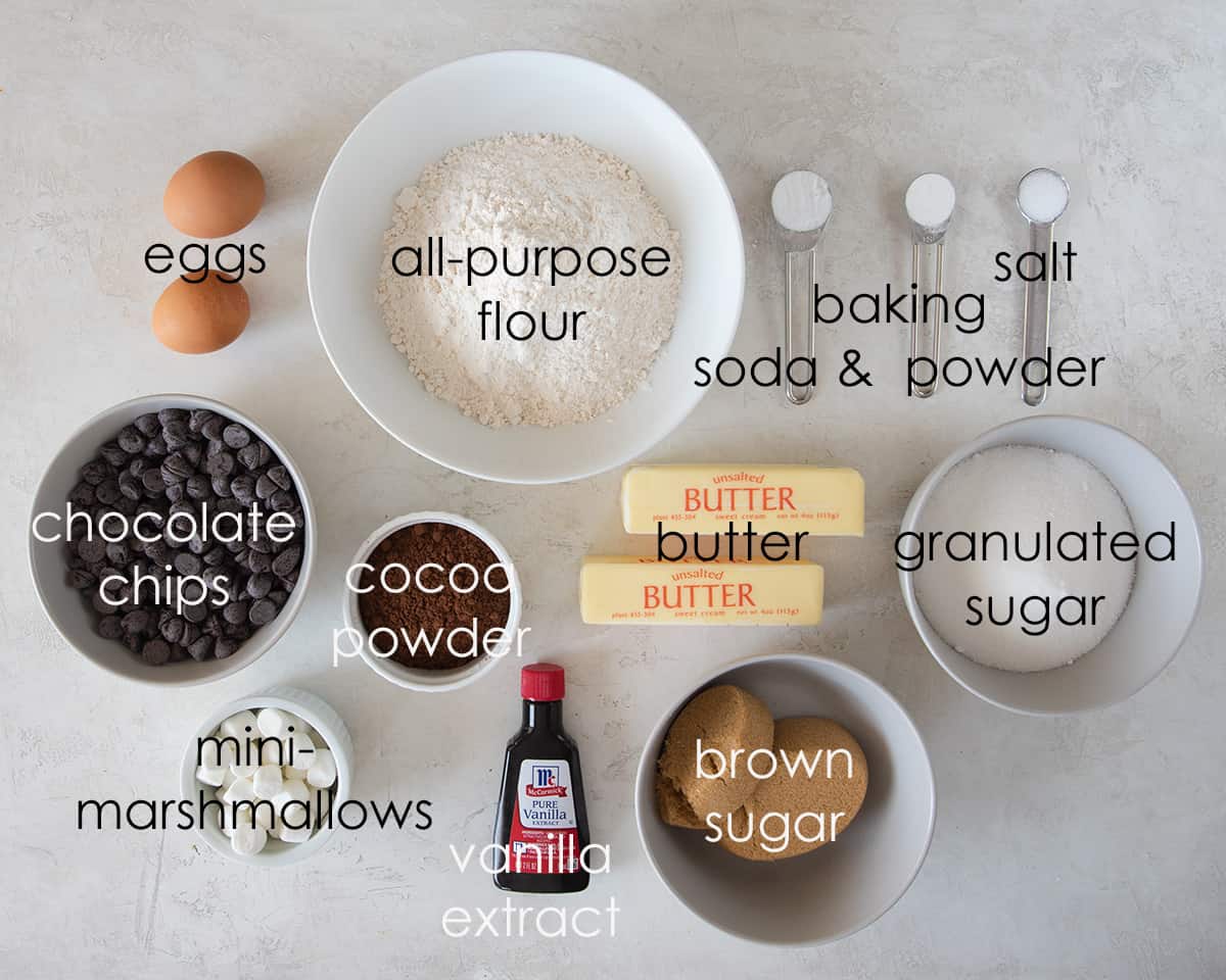 Ingredients to make hot chocolate cookies with text labels.