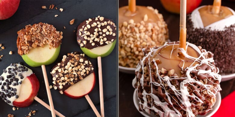 Chocolate covered apple slices on a table and caramel and chocolate dipped apples.