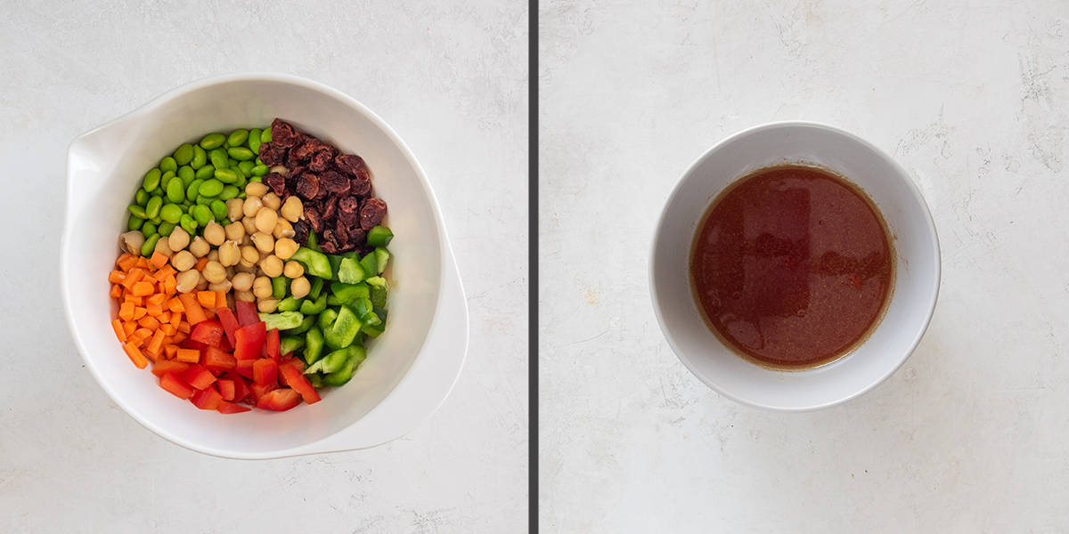 Chopped chickpea salad instructions showing size of diced vegetables and prepared salad dressing.