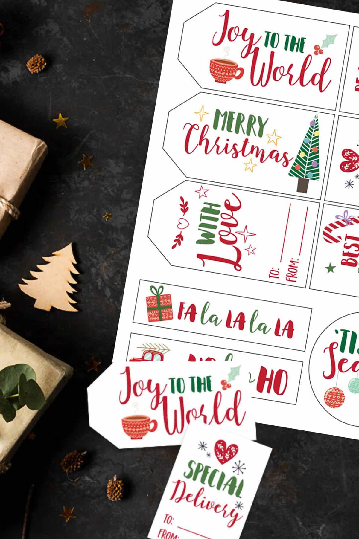 Set of bright red and green Christmas tags on a dark background.