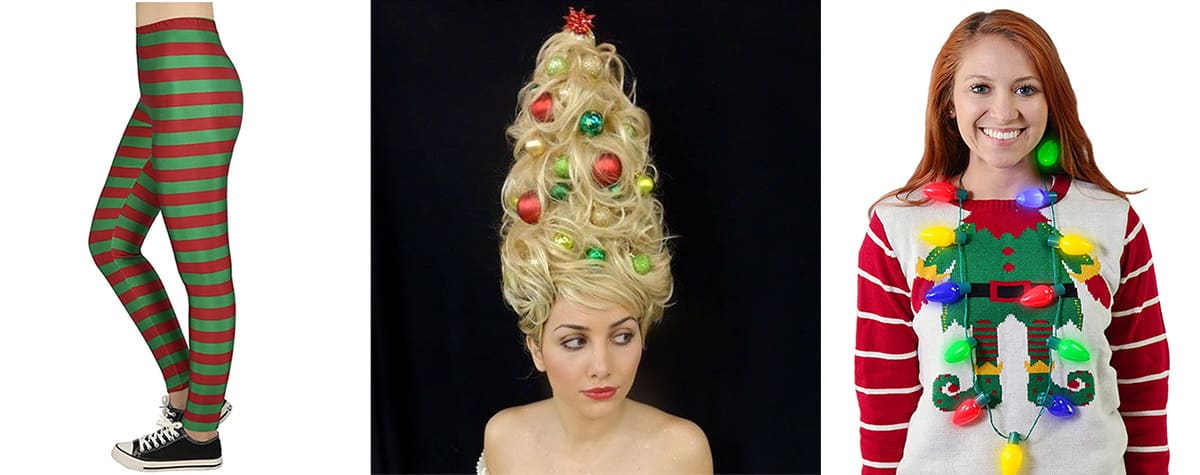 Collage of ugly Christmas accessories including leggins, Christmas tree hair, and lightbulb necklace.