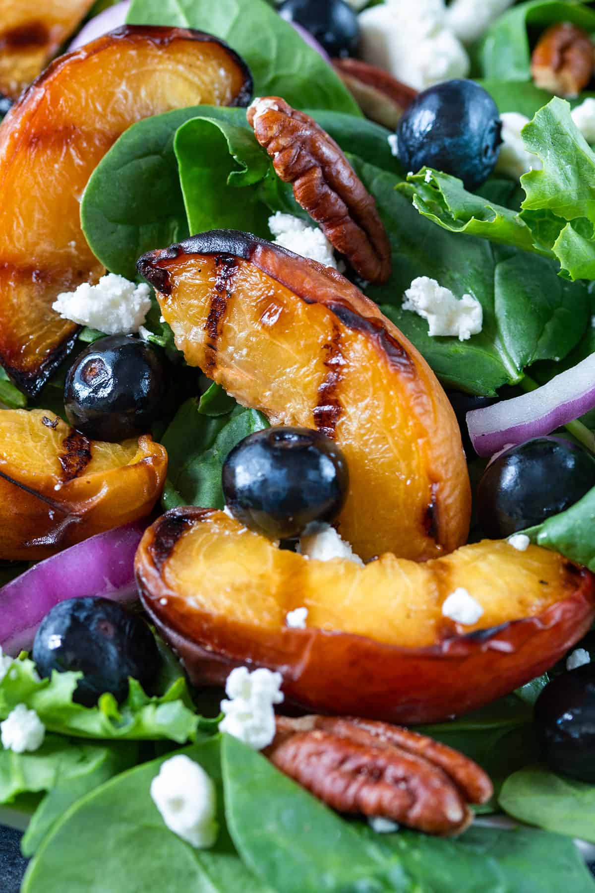 Closeup of a grilled peach on a bed of spinach and arugula surrounded by blueberries, pecans, and goat cheese.