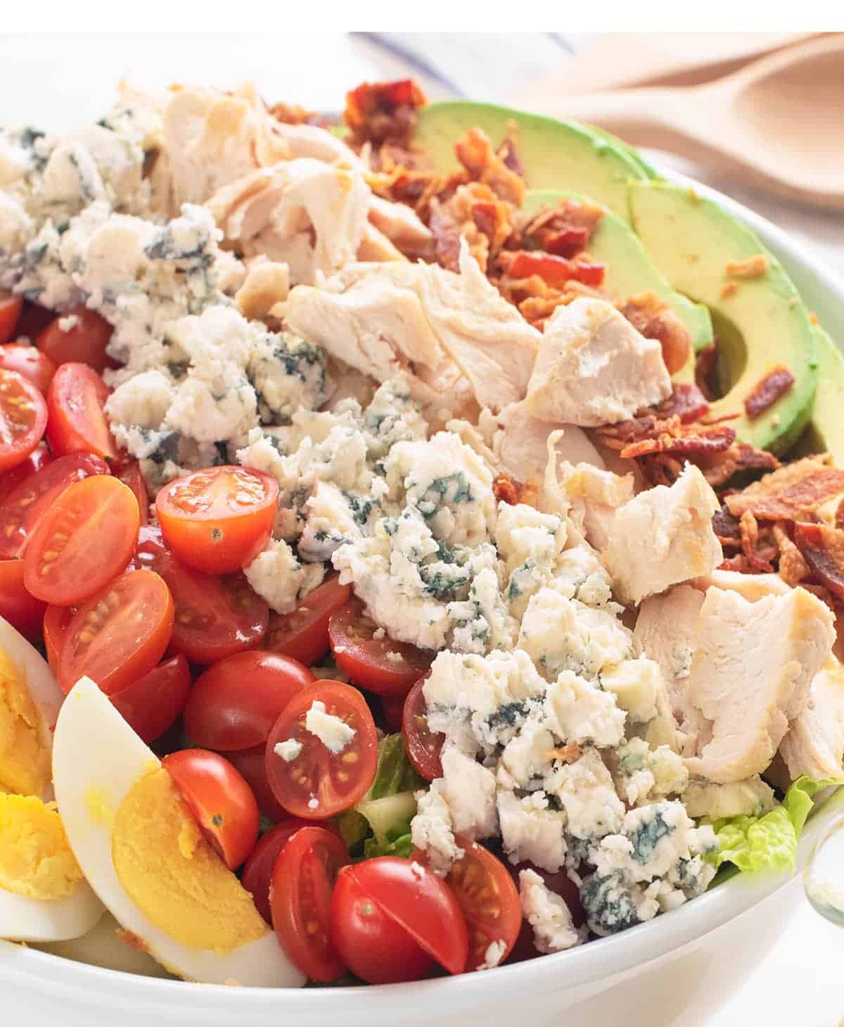 Close up of cobb salad ingredients neatly chopped in clean lines and laid upon salad.