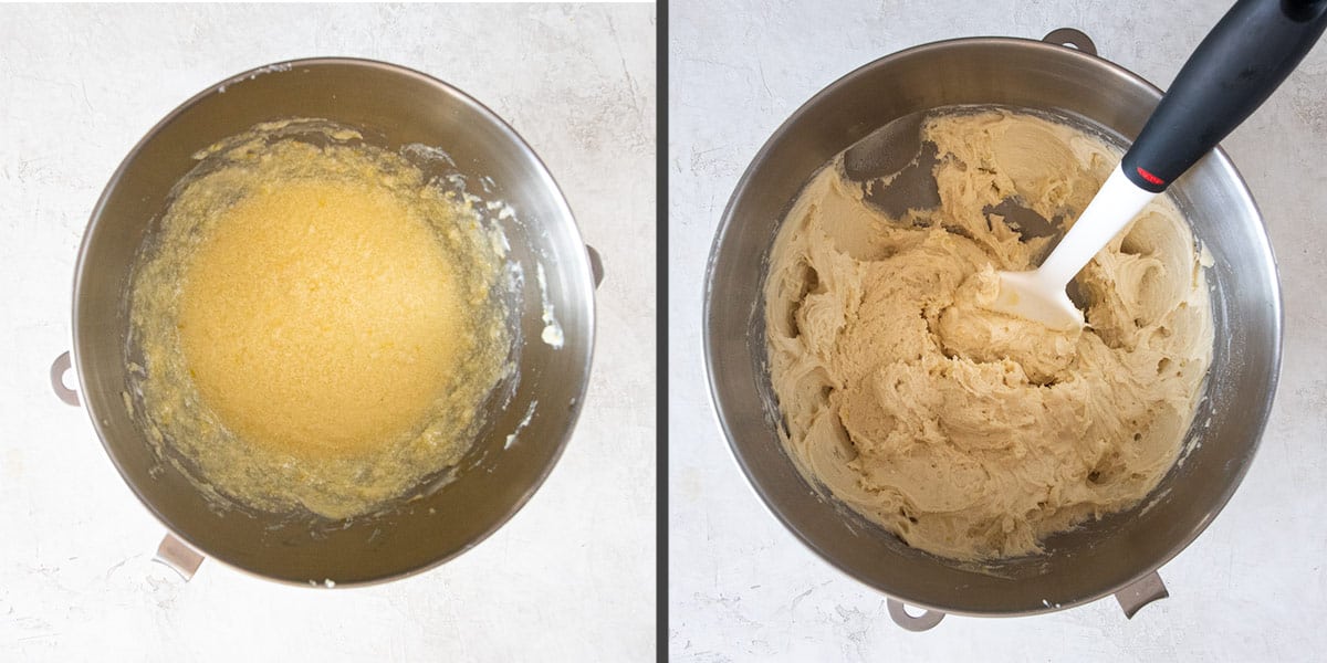 A side by side of cookie batter, both wet ingredients and mixed batter.