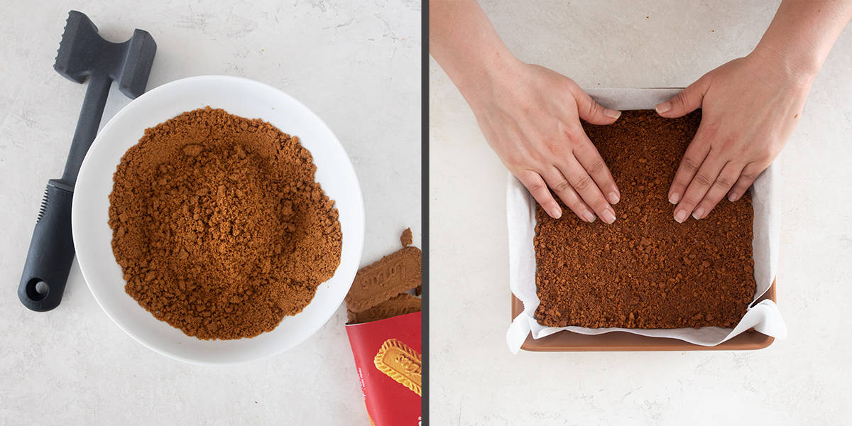 Steps to how to make a cookie crust and press it into the baking pan.