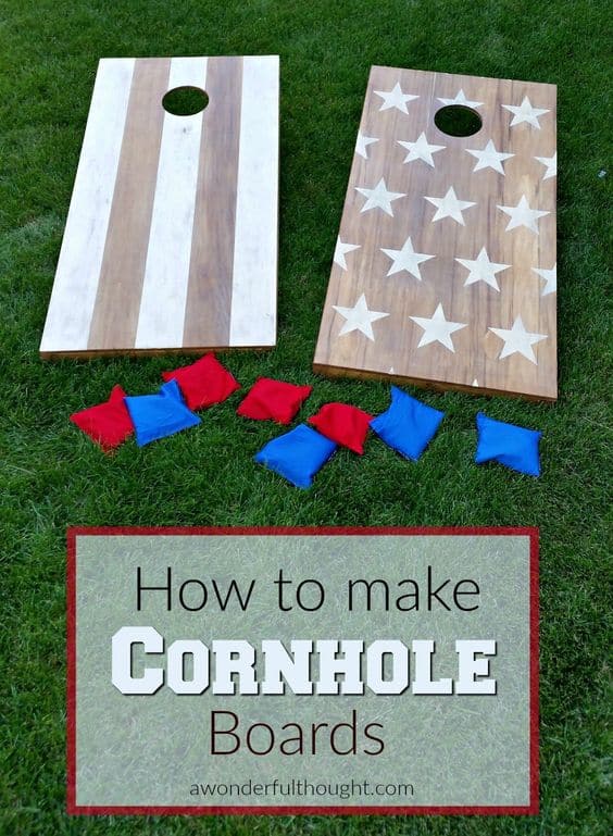 How to DIY cornhole boards. Model is patriotic motif: natural wood with white stars & stripes, blue & red bean bags.