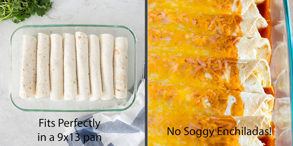 Enchiladas rolled in a pan before and after baking to show crispiness of flour tortillas.