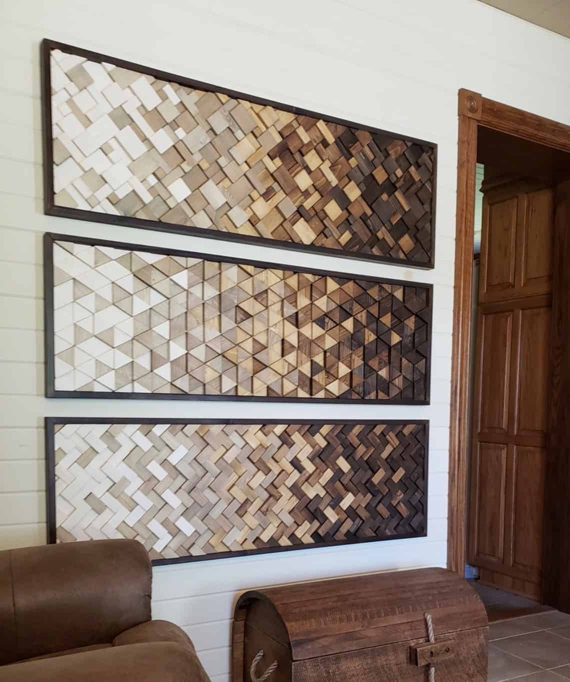 Three wood decor panel set with textured patterns of scrap wood ends and stained in gradient light to dark.