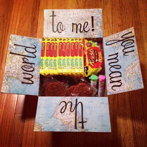 You mean the world to me care package with world map pasted to inside of fold out top filled with candies.