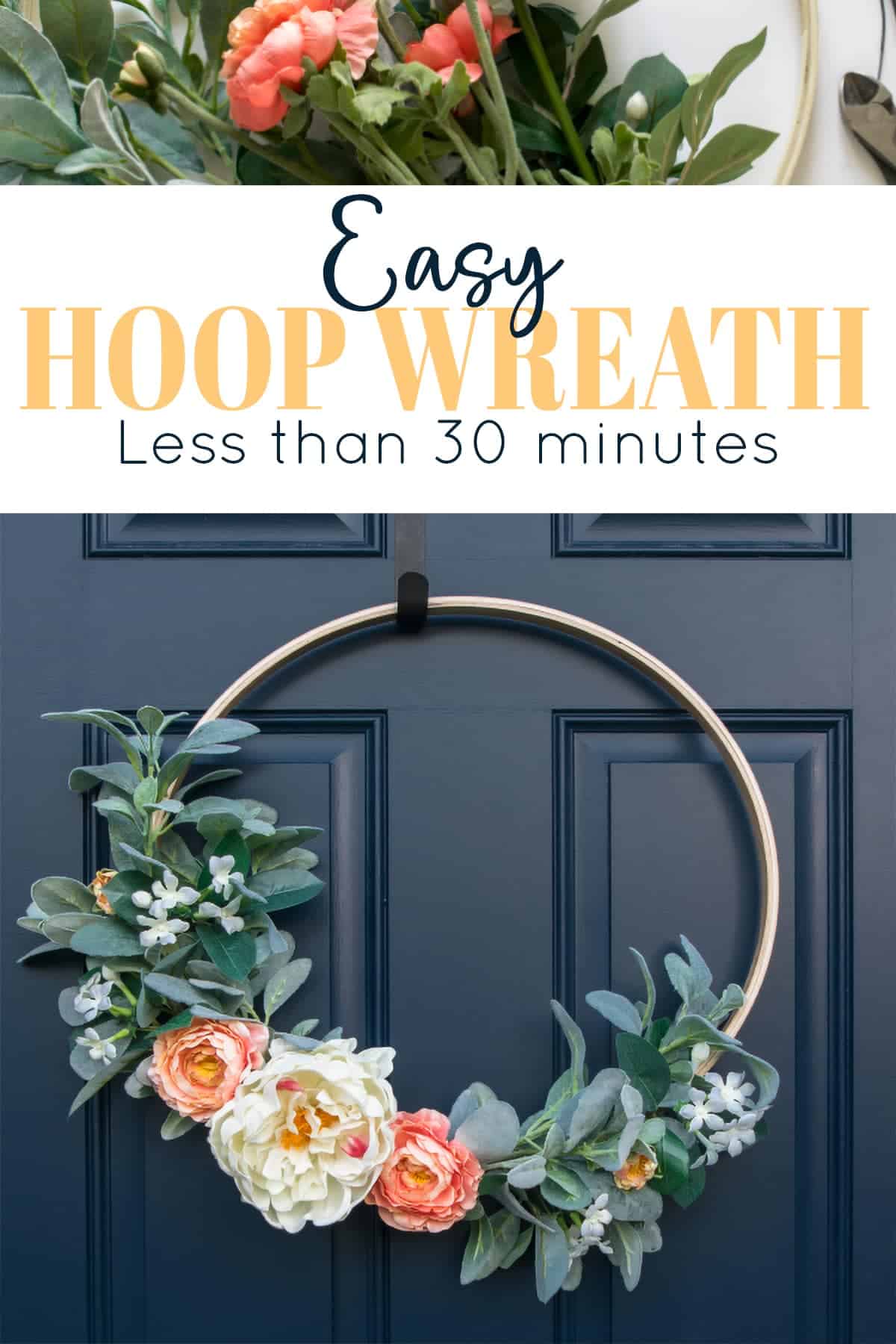 Completed DIY floral hoop wreath hanging on blue front door with post title.