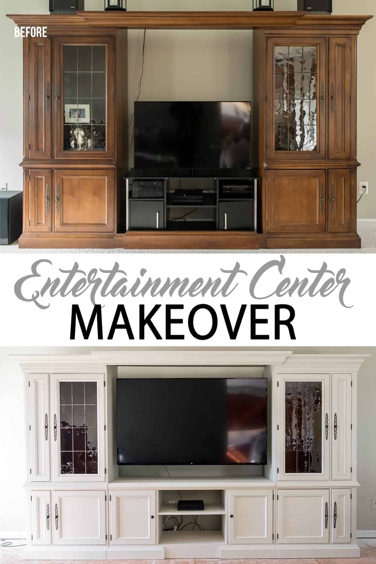 White painted entertainment center before and after with a custom build DIY TV stand.